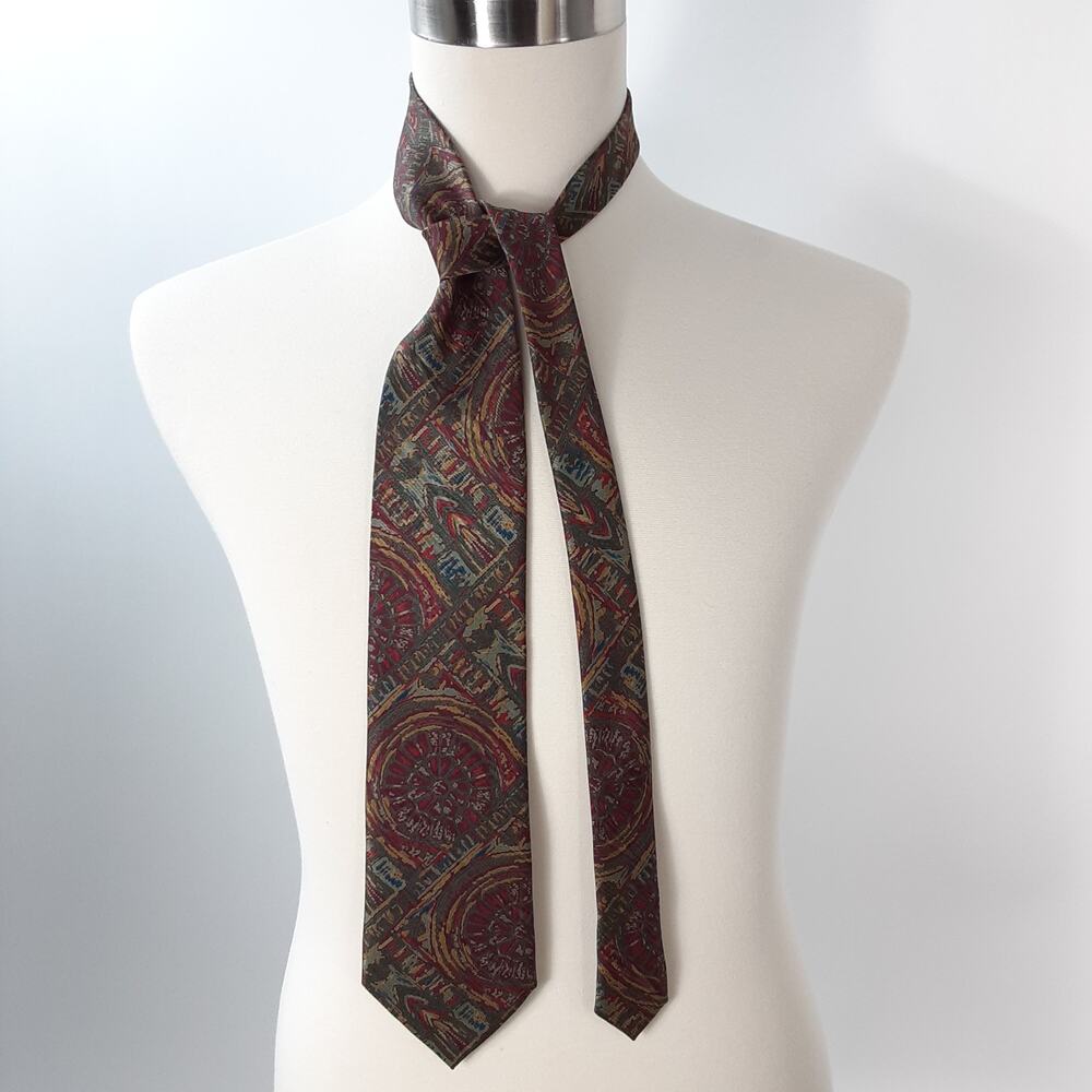 Noriko Kazuki Red Teal Blue Gold Abstract Silk Tie